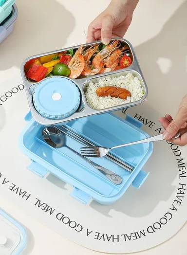 Lunch Box 3‑Compartment  PurpleL|eak‑Proof BPA Free Stainless Steel School & Office Tiffin 750 ml with Spoon Fork Chopsticks | Kids & Adult Use | Bento koi koi kawaii lunch box thumbnail 2
