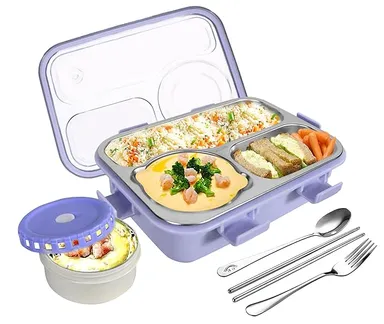 Lunch Box 3‑Compartment  PurpleL|eak‑Proof BPA Free Stainless Steel School & Office Tiffin 750 ml with Spoon Fork Chopsticks | Kids & Adult Use | Bento koi koi kawaii lunch box
