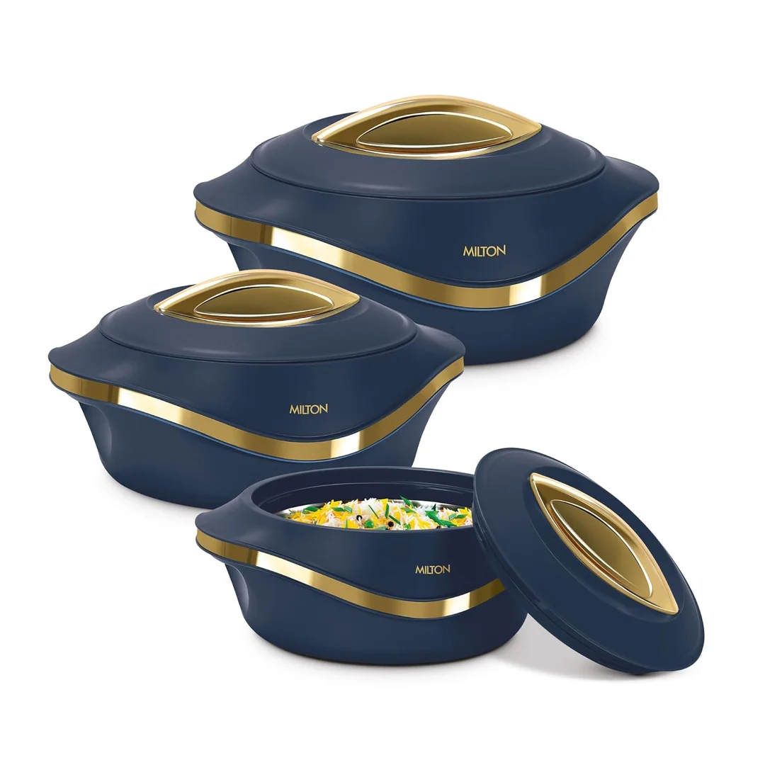 MILTON Pearl Inner Stainless Steel Jr. Casserole Set of 3 (455 ml + 860 ml + 1270 ml) – Blue, Double-Walled, Leak Proof Hotpot for Chapati / Rice / Curries image 1