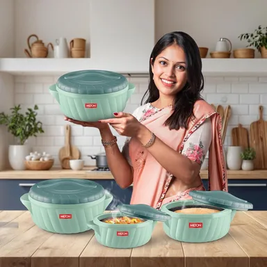 MILTON Flora 3-Piece Insulated Stainless Steel Casserole Set – 750 ml, 1.25 L & 2.1 L (Light Green) thumbnail 5