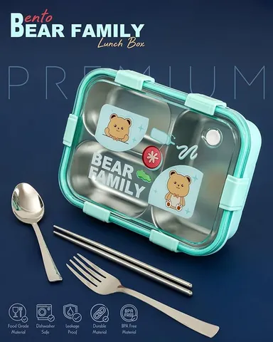 PRIME DEALS 750 ml Leak Proof Stainless Steel | 3‑Compartment Lunch Box with Fork, Chopstick | Spoon, Light Green Bear Design | Airtight School Office Tiffin Box India thumbnail 3