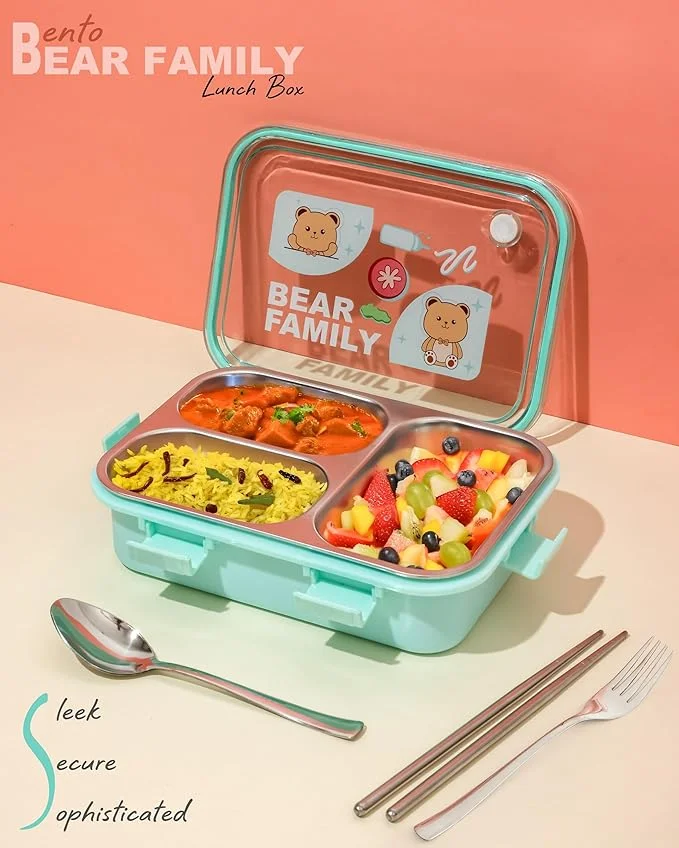 PRIME DEALS 750 ml Leak Proof Stainless Steel | 3‑Compartment Lunch Box with Fork, Chopstick | Spoon, Light Green Bear Design | Airtight School Office Tiffin Box India image 1