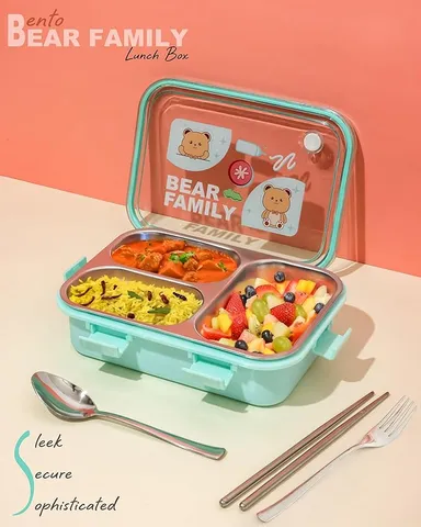 PRIME DEALS 750 ml Leak Proof Stainless Steel | 3‑Compartment Lunch Box with Fork, Chopstick | Spoon, Light Green Bear Design | Airtight School Office Tiffin Box India