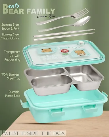 PRIME DEALS 750 ml Leak Proof Stainless Steel | 3‑Compartment Lunch Box with Fork, Chopstick | Spoon, Light Green Bear Design | Airtight School Office Tiffin Box India thumbnail 1