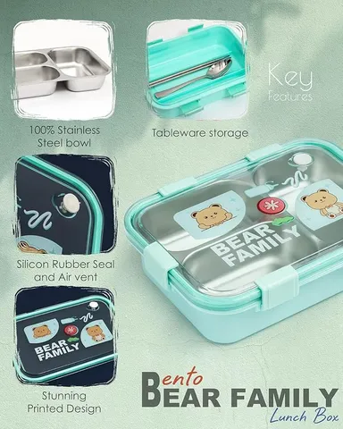 PRIME DEALS 750 ml Leak Proof Stainless Steel | 3‑Compartment Lunch Box with Fork, Chopstick | Spoon, Light Green Bear Design | Airtight School Office Tiffin Box India thumbnail 2