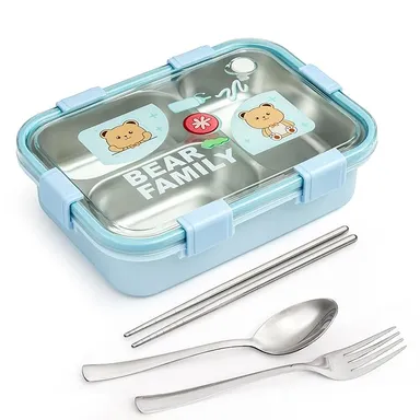 BOXITO Kawaii Bear Family Stainless Steel Bento | Lunch Box 22 × 16 × 6 cm 3-Compartment with Spoon | 2 Chopsticks Leak-Proof Adult Kid Tiffin Steel Lunchbox Blue