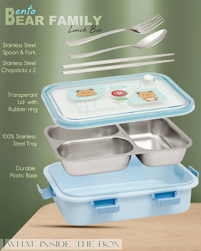 BOXITO Kawaii Bear Family Stainless Steel Bento | Lunch Box 22 × 16 × 6 cm 3-Compartment with Spoon | 2 Chopsticks Leak-Proof Adult Kid Tiffin Steel Lunchbox Blue image 2