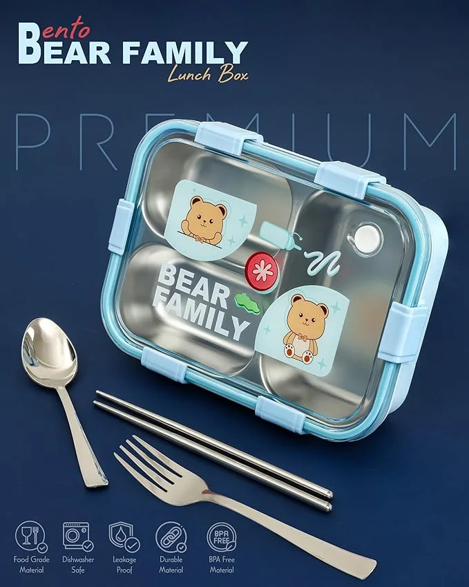BOXITO Kawaii Bear Family Stainless Steel Bento | Lunch Box 22 × 16 × 6 cm 3-Compartment with Spoon | 2 Chopsticks Leak-Proof Adult Kid Tiffin Steel Lunchbox Blue image 3