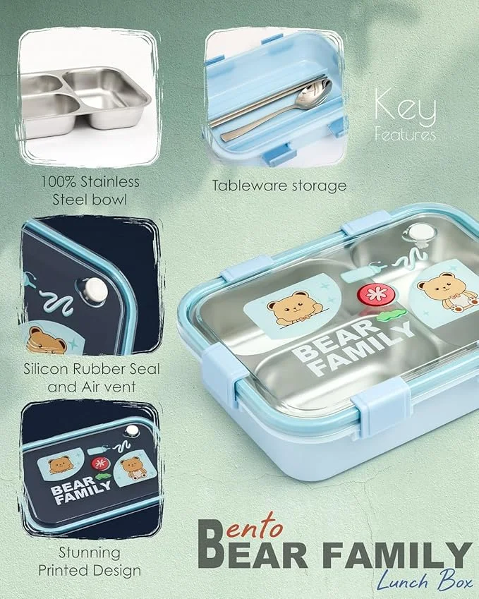 BOXITO Kawaii Bear Family Stainless Steel Bento | Lunch Box 22 × 16 × 6 cm 3-Compartment with Spoon | 2 Chopsticks Leak-Proof Adult Kid Tiffin Steel Lunchbox Blue image 4
