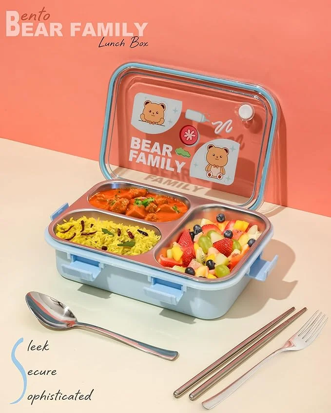 BOXITO Kawaii Bear Family Stainless Steel Bento | Lunch Box 22 × 16 × 6 cm 3-Compartment with Spoon | 2 Chopsticks Leak-Proof Adult Kid Tiffin Steel Lunchbox Blue image 5