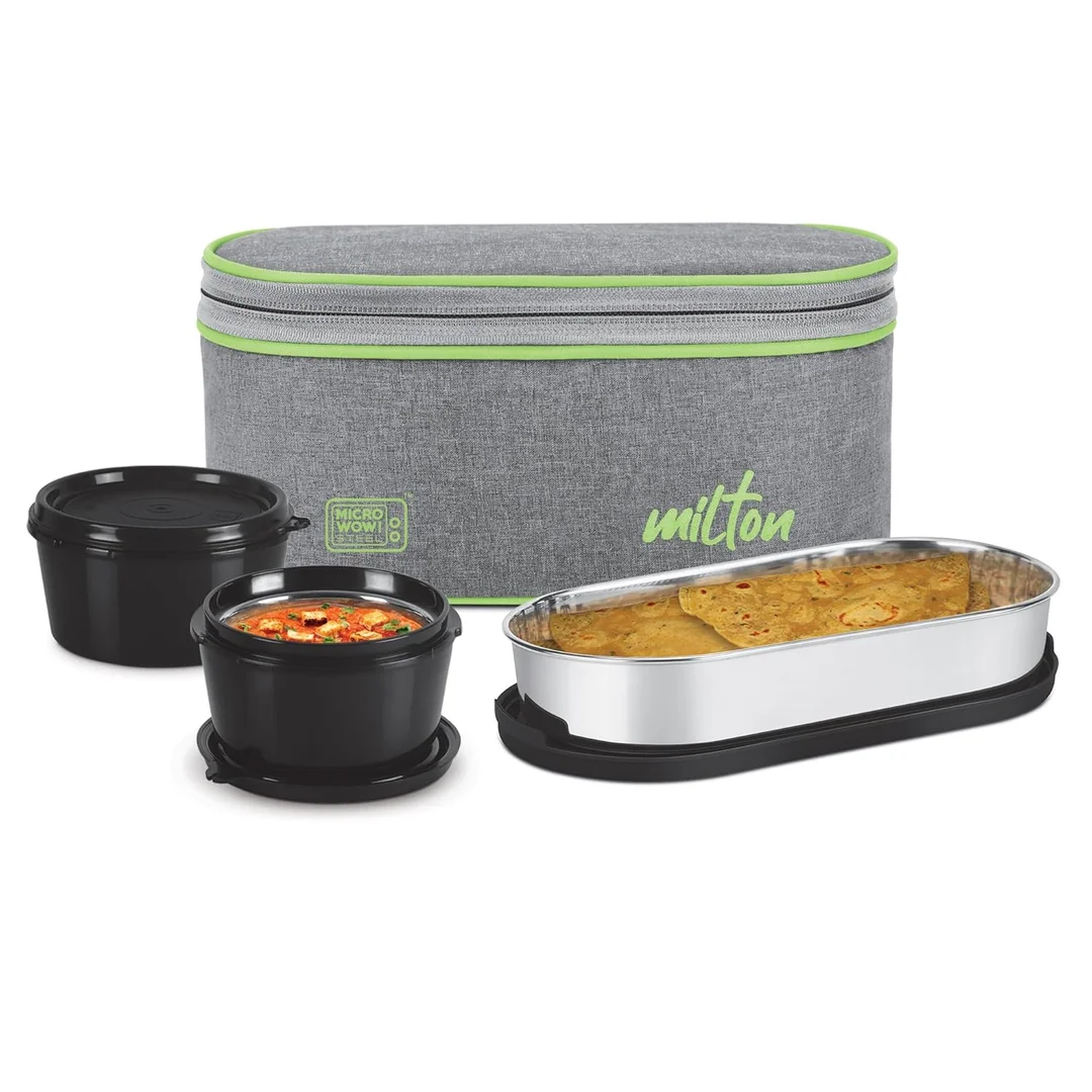 Milton Regal 3-Compartment Leak-Proof Microwave-Safe Lunch Box 1.09 L with Insulated Bag (Grey) image 1