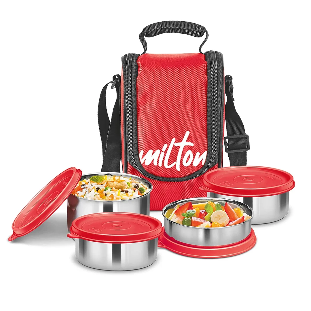 MILTON Tasty 4 Lunch Box – 4-Compartment Leak-Proof Stainless Steel Tiffin with Insulated Fabric Jacket (200 ml + 320 ml x2 + 500 ml) – Portable Office/College/Picnic Tiffin (Red) image 1
