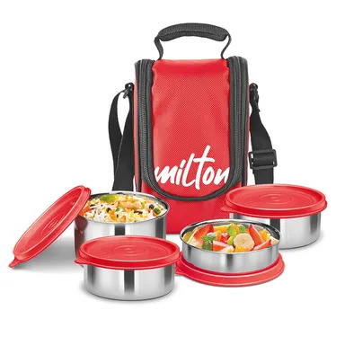 MILTON Tasty 4 Lunch Box – 4-Compartment Leak-Proof Stainless Steel Tiffin with Insulated Fabric Jacket (200 ml + 320 ml x2 + 500 ml) – Portable Office/College/Picnic Tiffin (Red)