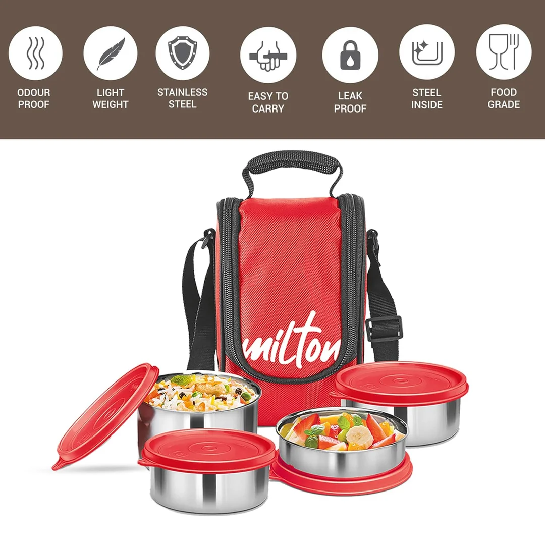 MILTON Tasty 4 Lunch Box – 4-Compartment Leak-Proof Stainless Steel Tiffin with Insulated Fabric Jacket (200 ml + 320 ml x2 + 500 ml) – Portable Office/College/Picnic Tiffin (Red) image 2