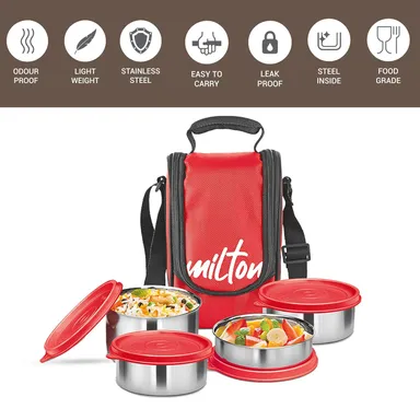 MILTON Tasty 4 Lunch Box – 4-Compartment Leak-Proof Stainless Steel Tiffin with Insulated Fabric Jacket (200 ml + 320 ml x2 + 500 ml) – Portable Office/College/Picnic Tiffin (Red) thumbnail 1