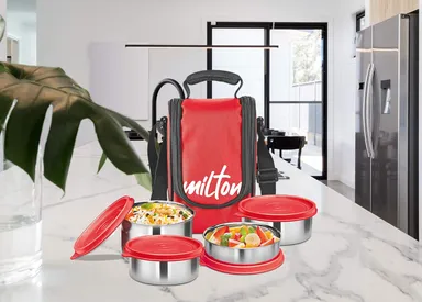 MILTON Tasty 4 Lunch Box – 4-Compartment Leak-Proof Stainless Steel Tiffin with Insulated Fabric Jacket (200 ml + 320 ml x2 + 500 ml) – Portable Office/College/Picnic Tiffin (Red) thumbnail 3