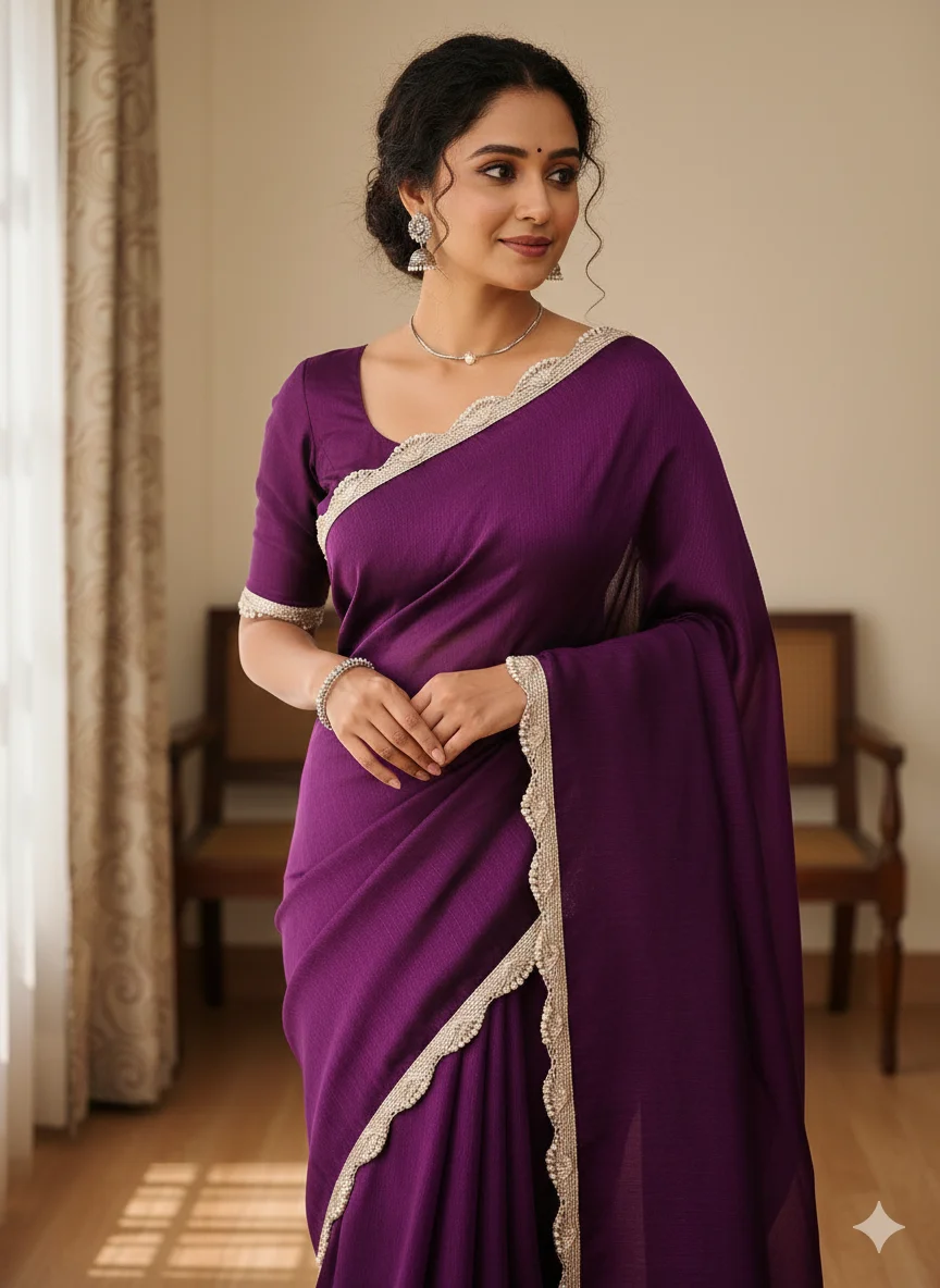 Purple Silk Saree with Designer Lace Border for Women | Elegant Wedding & Party Wear Saree image 1