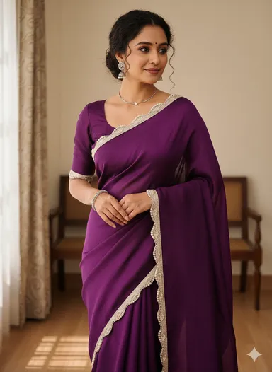 Purple Silk Saree with Designer Lace Border for Women | Elegant Wedding & Party Wear Saree thumbnail 0