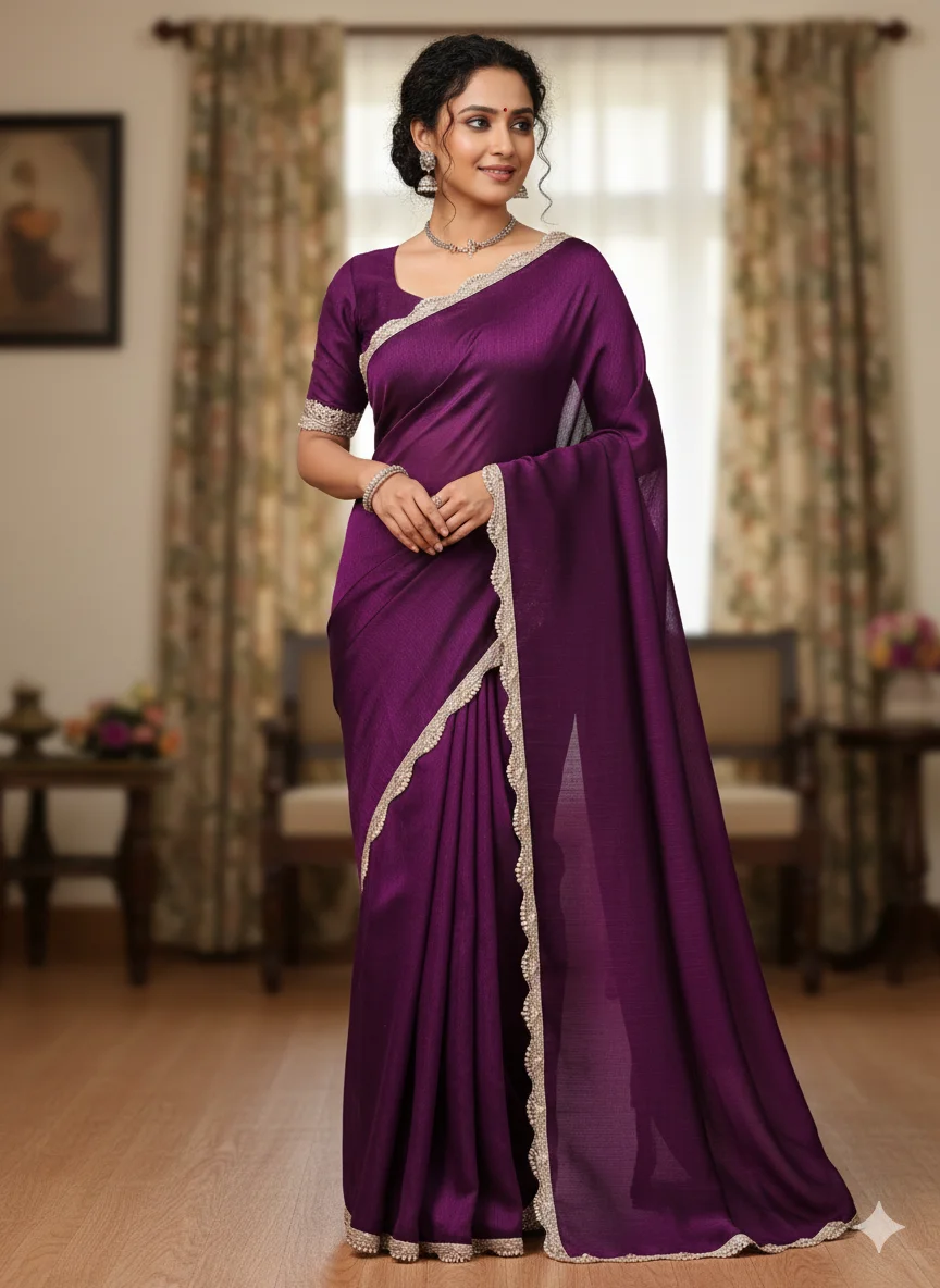 Purple Silk Saree with Designer Lace Border for Women | Elegant Wedding & Party Wear Saree image 3