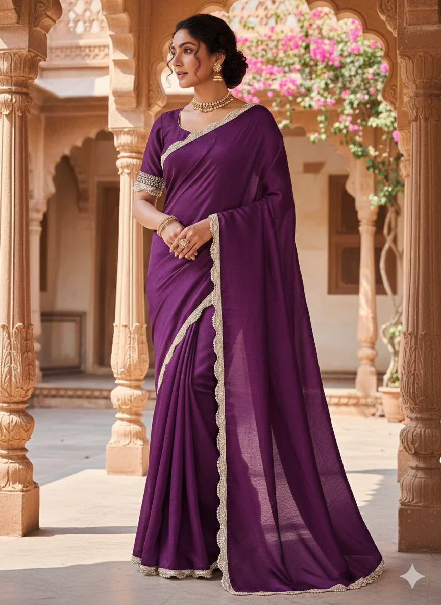 Purple Silk Saree with Designer Lace Border for Women | Elegant Wedding & Party Wear Saree image 2