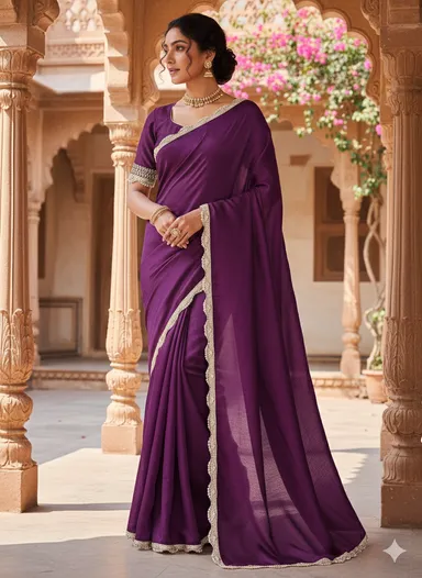 Purple Silk Saree with Designer Lace Border for Women | Elegant Wedding & Party Wear Saree thumbnail 1