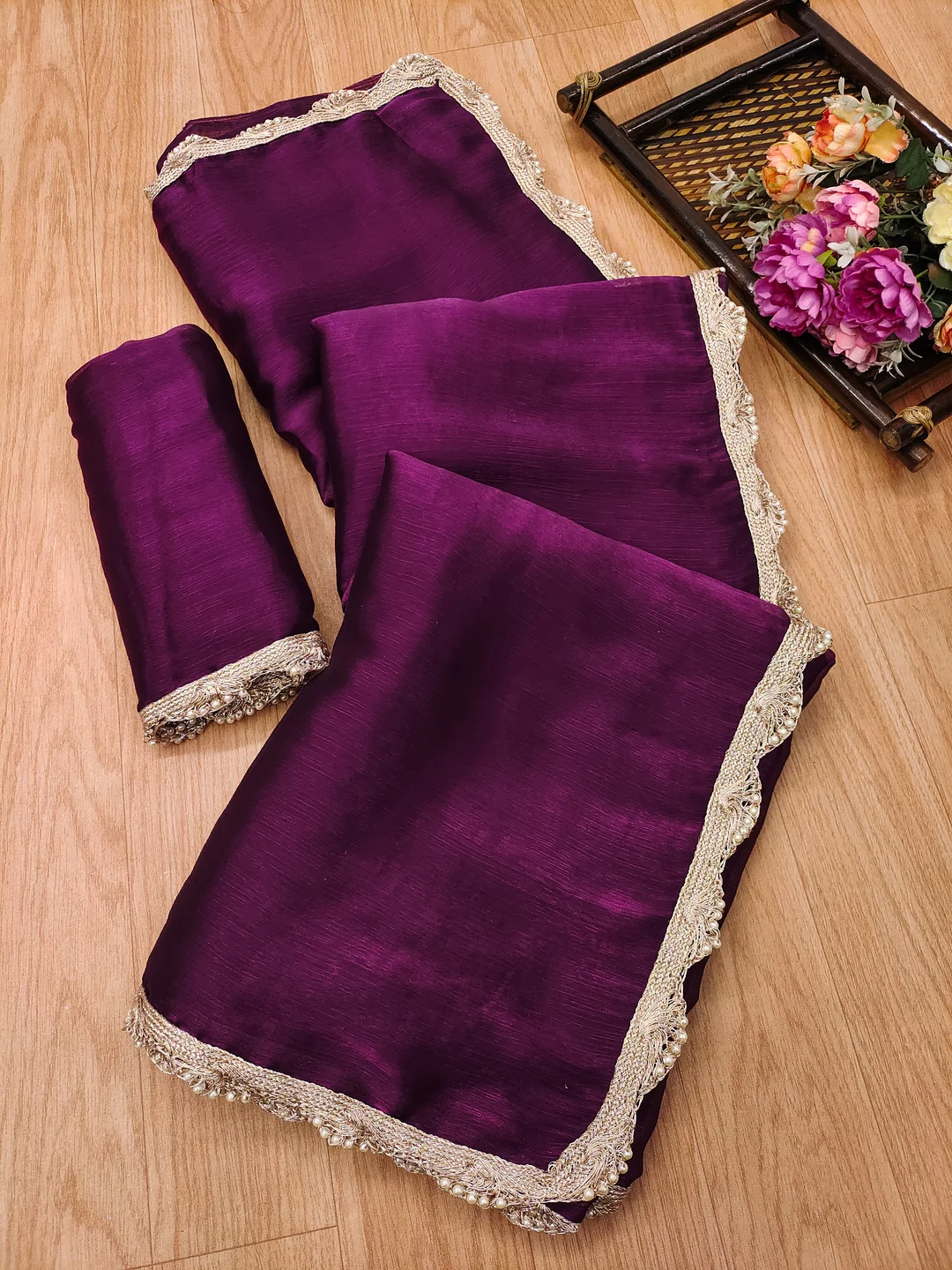 Purple Silk Saree with Designer Lace Border for Women | Elegant Wedding & Party Wear Saree image 4