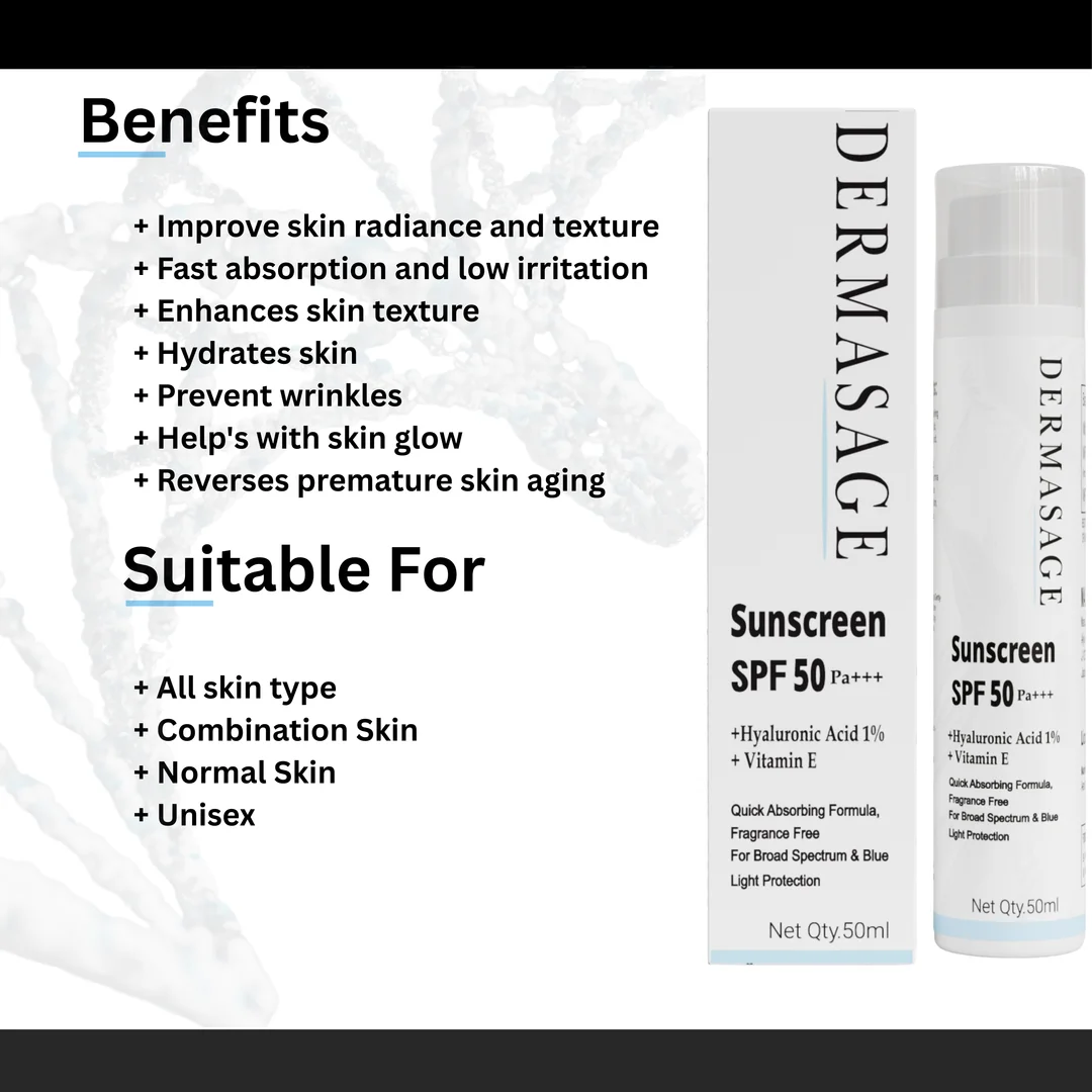 DERMASAGE sunscreen spf50 with Hyaluronic acid and vitamin E For glowing skin 50ml image 2