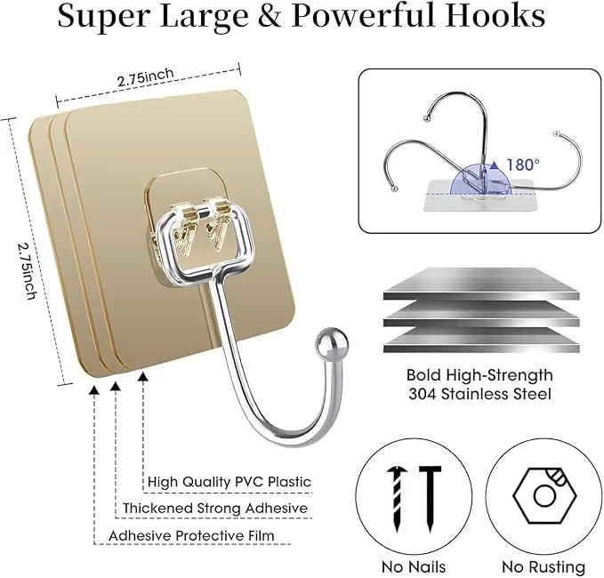 FIRAGE Multipurpose Home Storage Hook Kadi Golden for Hanging Capacity 10KG Max, PVC Waterproof Big Adhesive Heavy Duty Sticky Stainless Steel Hooks image 3