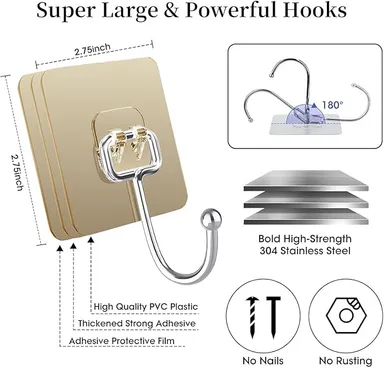 FIRAGE Multipurpose Home Storage Hook Kadi Golden for Hanging Capacity 10KG Max, PVC Waterproof Big Adhesive Heavy Duty Sticky Stainless Steel Hooks thumbnail 2