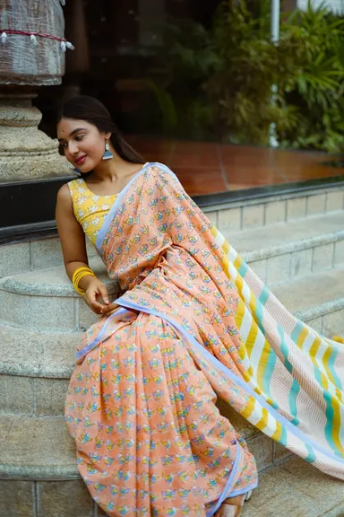 Mushroom Art Print Linen Cotton Daily Wear Ready To Wear Saree for Women Indian Ethnic Casual Draped Saree Lightweight Breathable Dailywear Office Saree thumbnail 0