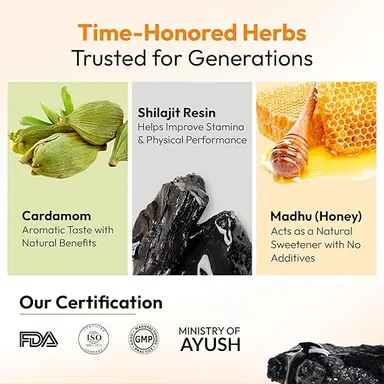Ayurvedic Shilajit Honey Sticks with Cardamom Flavour 8g × 30 Sachets Natural Energy Booster Strength Stamina Vitality Herbal Wellness Supplement for Men Women India thumbnail 1