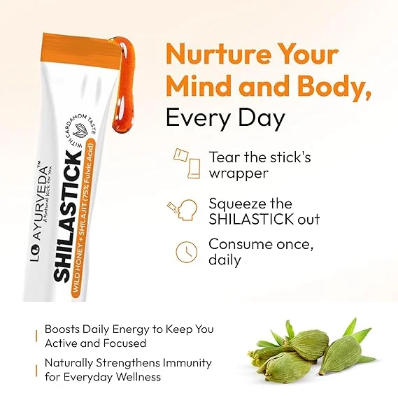 Ayurvedic Shilajit Honey Sticks with Cardamom Flavour 8g × 30 Sachets Natural Energy Booster Strength Stamina Vitality Herbal Wellness Supplement for Men Women India image 4