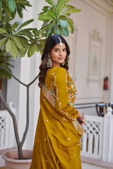 Rajkanika Mustard Yellow Embroidered Lehenga Choli with Dupatta thumbnail 3