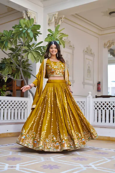 Rajkanika Mustard Yellow Embroidered Lehenga Choli with Dupatta thumbnail 0