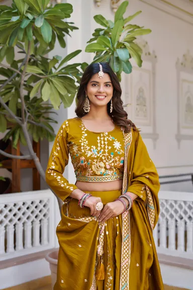 Rajkanika Mustard Yellow Embroidered Lehenga Choli with Dupatta | L Size thumbnail 5