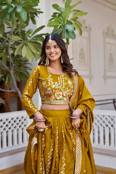 Rajkanika Mustard Yellow Embroidered Lehenga Choli with Dupatta | XXL Size thumbnail 2
