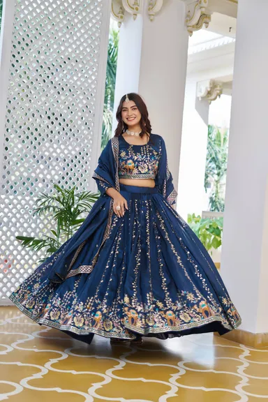 Rajkanika Navy Blue Embroidered Lehenga Choli with Dupatta | L Size thumbnail 0