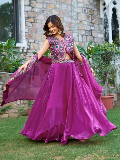 Rajkanika Elegant Purple Embroidered Lehenga Choli with Jacket & Dupatta thumbnail 1