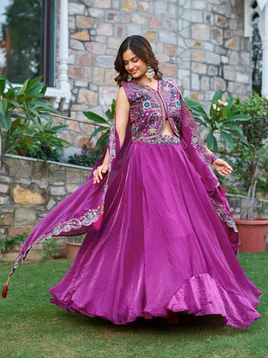 Rajkanika Elegant Purple Embroidered Lehenga Choli with Jacket & Dupatta thumbnail 4