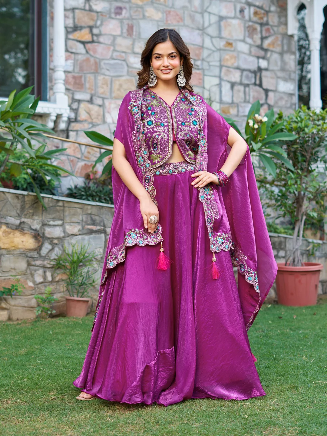 Rajkanika Elegant Purple Embroidered Lehenga Choli with Jacket & Dupatta image 1