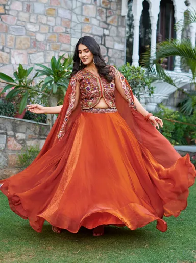 Rajkanika Rust Orange Embroidered Lehenga Choli Set for Women with Dupatta | XL | Festive & Wedding Wear thumbnail 1
