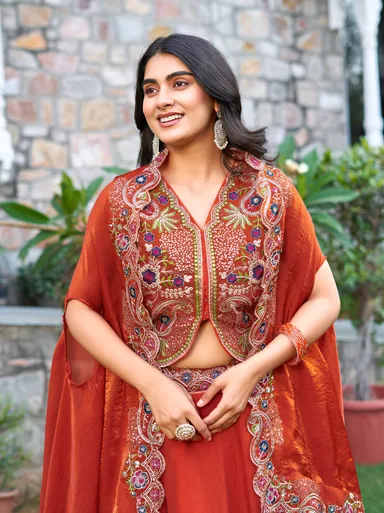 Rajkanika Rust Orange Embroidered Lehenga Choli Set for Women with Dupatta | XL | Festive & Wedding Wear thumbnail 4
