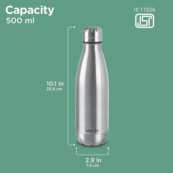 Milton Duo DLX 500 ml Thermosteel Vacuum Insulated Hot & Cold Water Bottle Stainless Steel Leak-Proof ISI Certified Office Gym School Silver image 2
