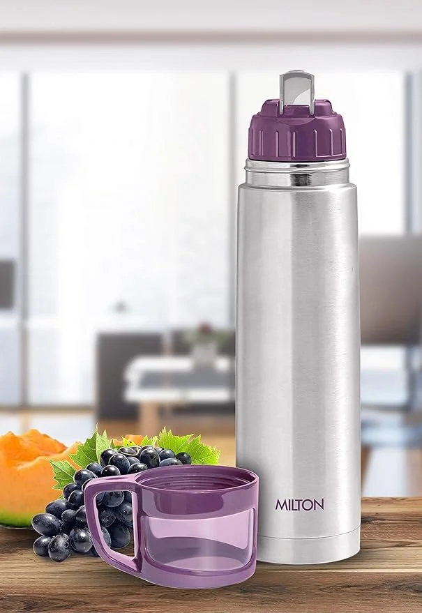 Milton Glassy 1000 Thermosteel 24 Hours Hot and Cold Water Bottle with Drinking Cup Lid| 1 Litre| Purple image 2