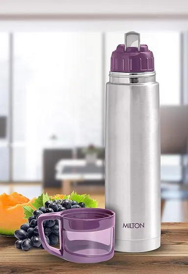 Milton Glassy 1000 Thermosteel 24 Hours Hot and Cold Water Bottle with Drinking Cup Lid| 1 Litre| Purple thumbnail 1
