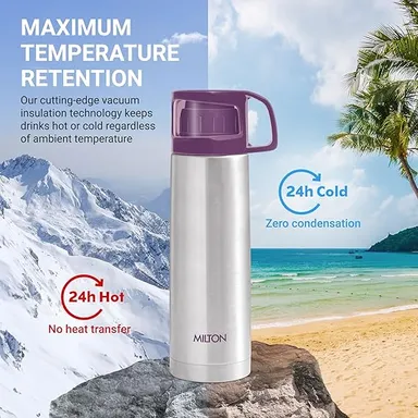 Milton Glassy 1000 Thermosteel 24 Hours Hot and Cold Water Bottle with Drinking Cup Lid| 1 Litre| Purple thumbnail 3