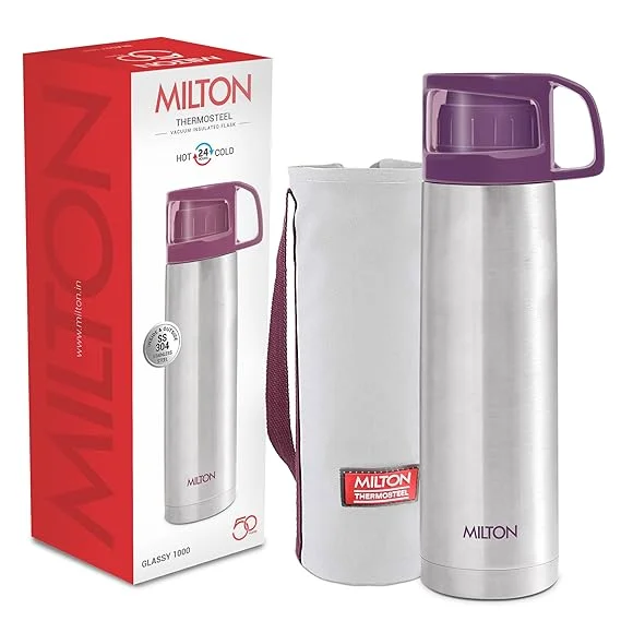 Milton Glassy 1000 Thermosteel 24 Hours Hot and Cold Water Bottle with Drinking Cup Lid| 1 Litre| Purple image 1