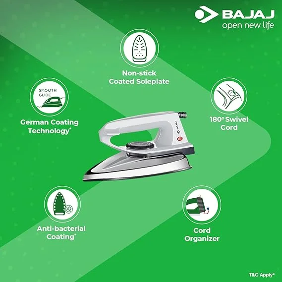 Bajaj DX 2 600-Watt Light Weight Dry Iron | Non-Stick Coated Soleplate | Anti-Bacterial Coating | 180 Degree Swivel Cord | Cool Touch Handle image 4