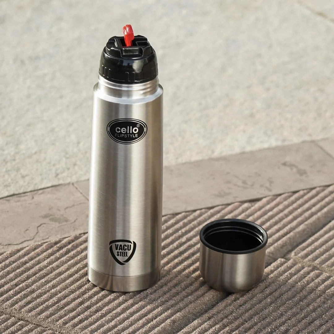 Cello Flipstyle Thermosteel 500ml | Vacuum Insulated Stainless Steel Water Bottle with Jacket | Leakproof | Flip Lid Flask | Travel, Office, Gym – Silver image 2