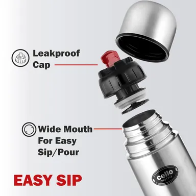 Cello Flipstyle Thermosteel 500ml | Vacuum Insulated Stainless Steel Water Bottle with Jacket | Leakproof | Flip Lid Flask | Travel, Office, Gym – Silver thumbnail 3